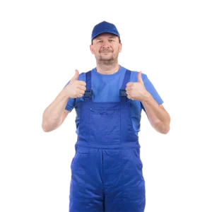 Hausmeister mit blauer Latzhose zeigt beide Daumen nach oben